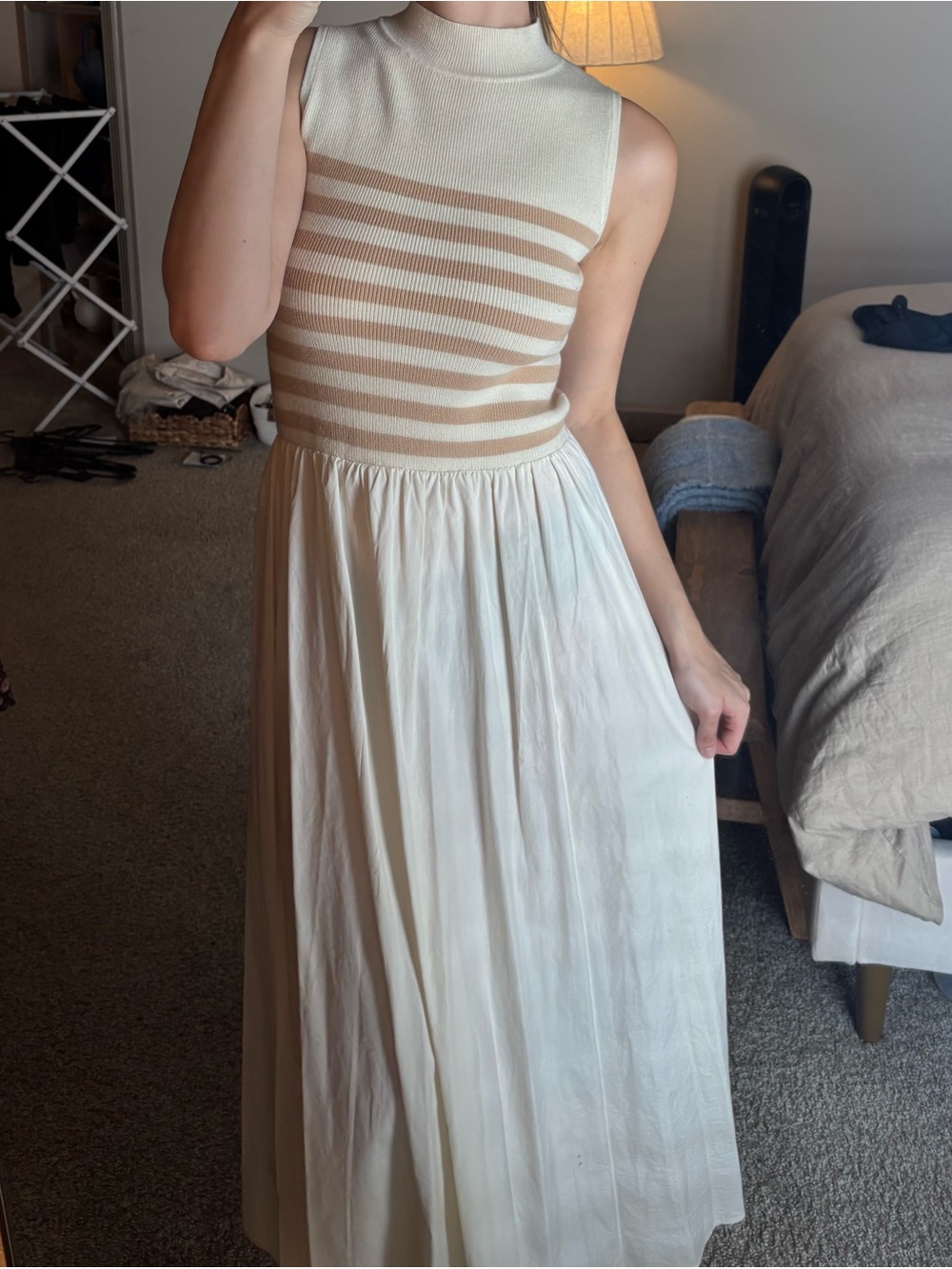 Sleeveless Cream Maxi Dress with Beige Striped Bodice
